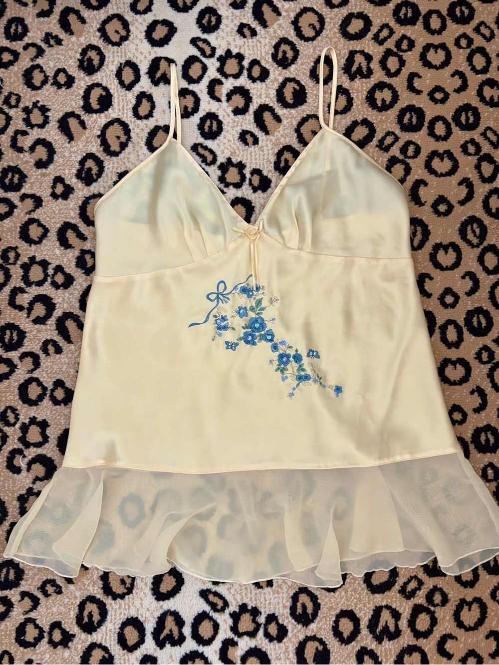 Vintage 90s Embroidered Butter Yellow Sequin Bow Babydoll Slip Tank Top